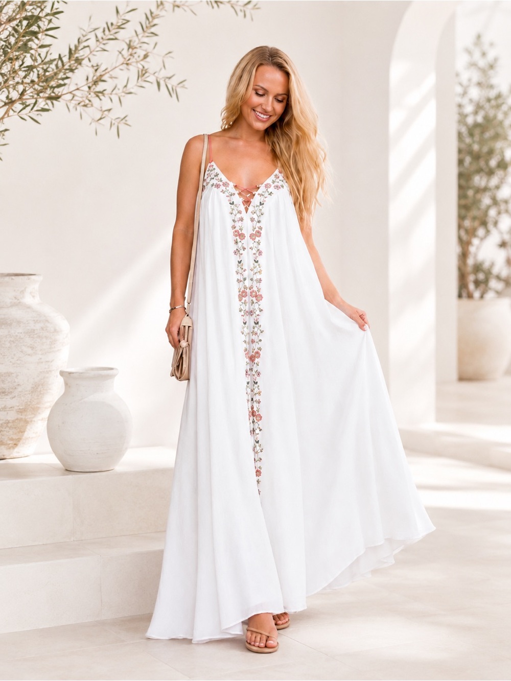 LC Lauren Conrad White Embroidered Boho Maxi Dress Flowy V-Neck NWT S